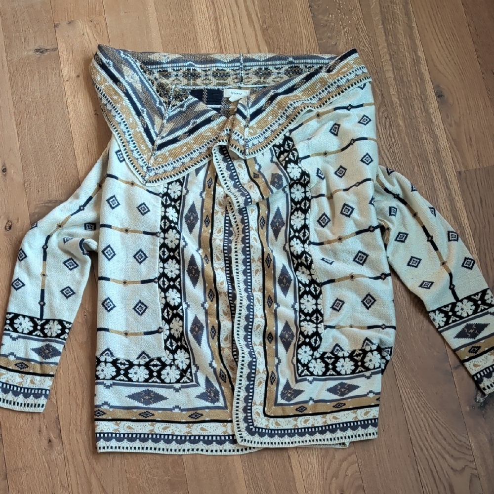 Freeway Boho Geometric Cardigan Sweater - Cream, Tan, Black